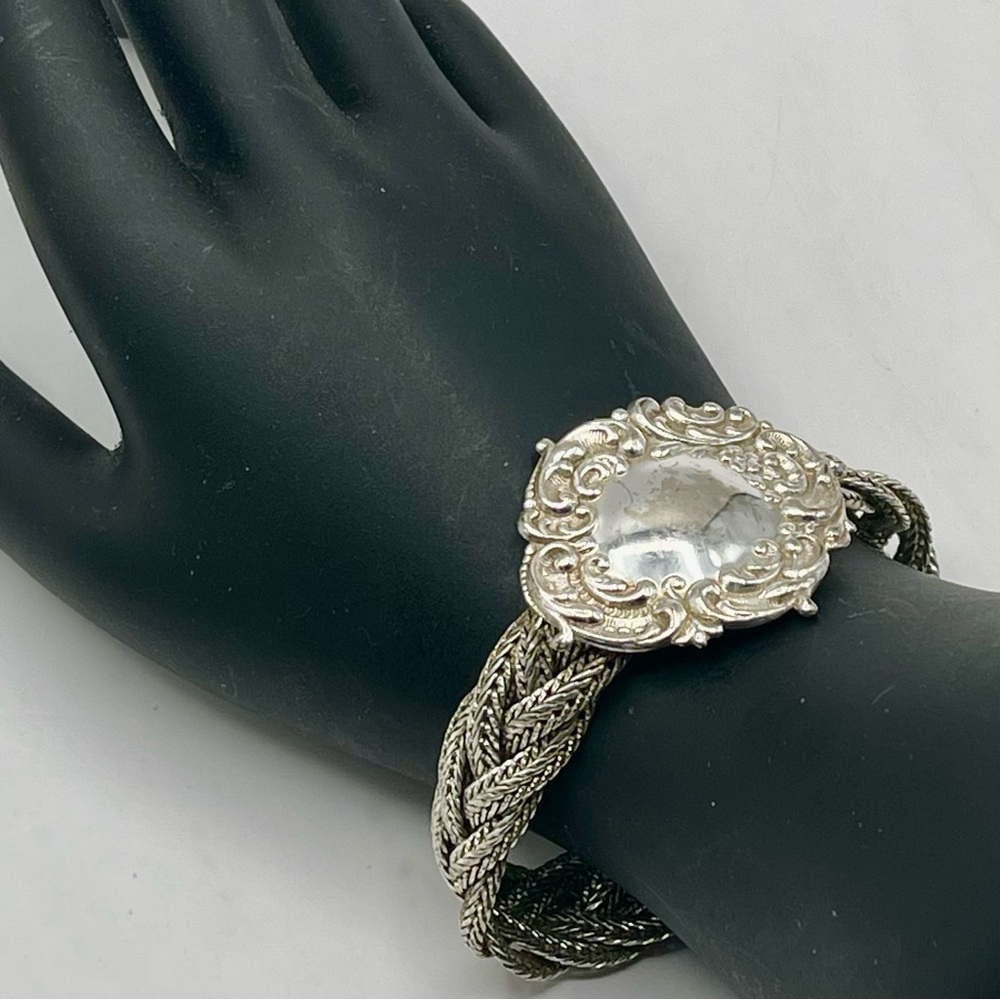 Fabulous Silver Plated Victorian Inspired Medallion Bracelet Braided Chain